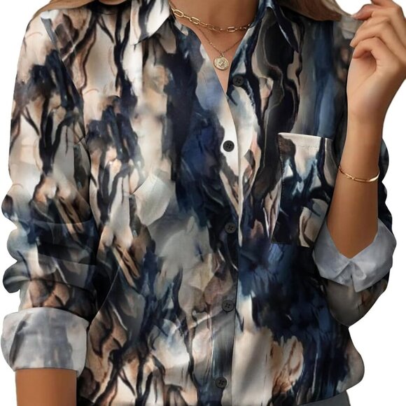 Womens Button Down Shirt Long Sleeve Blouse Business Work Tops Dressy Casual Flo - Picture 1 of 7